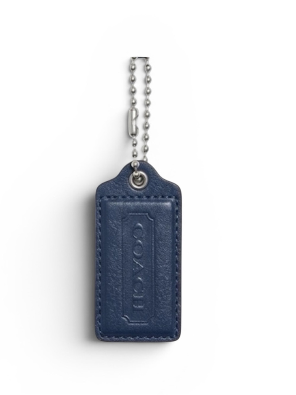 Coach Navy Leather Tag Keychain with Silver Chain